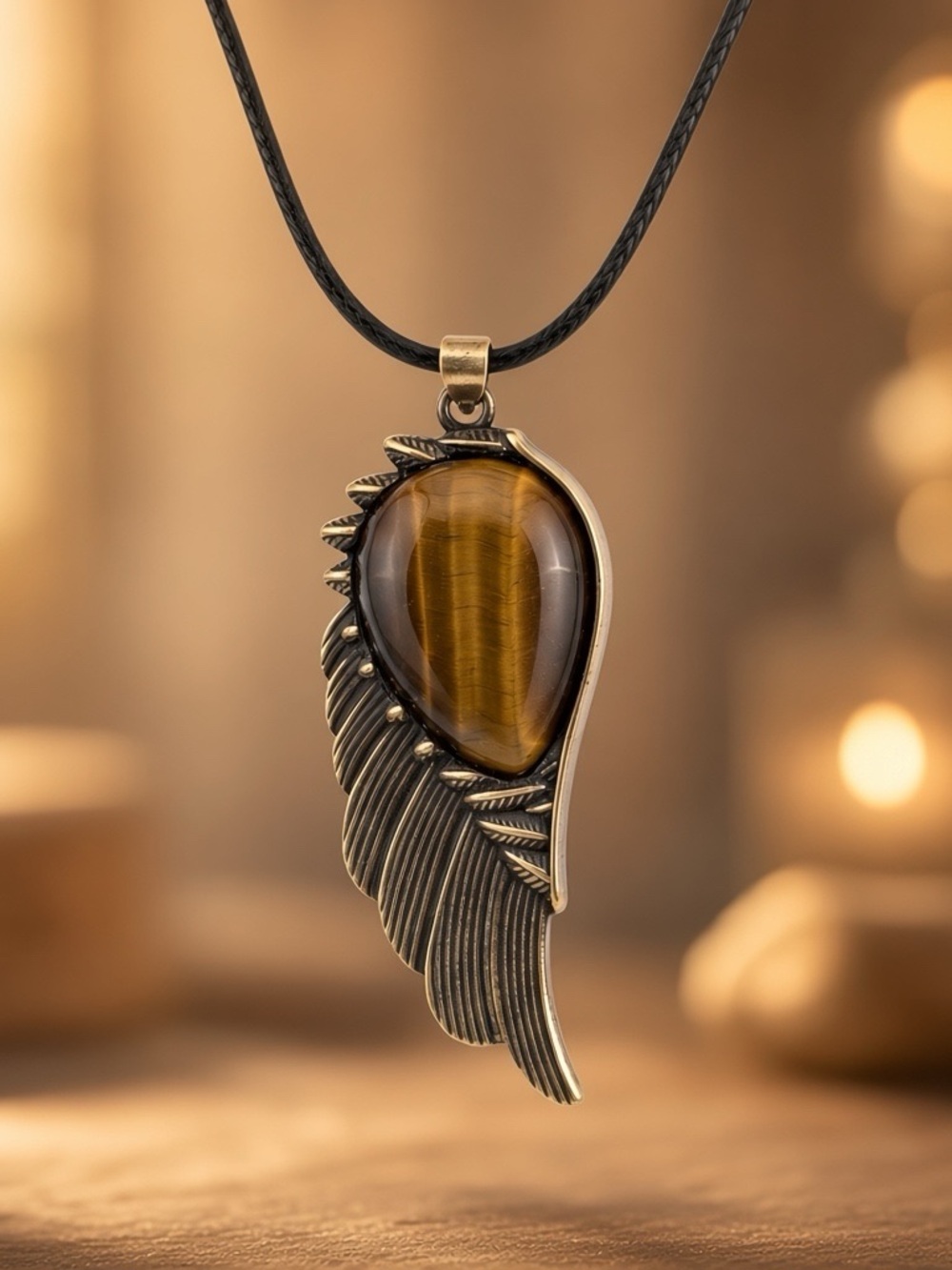 Tiger Eye Stone Wing Pendant Feather Necklace - Brown Black Silver - Picture 1 of 4